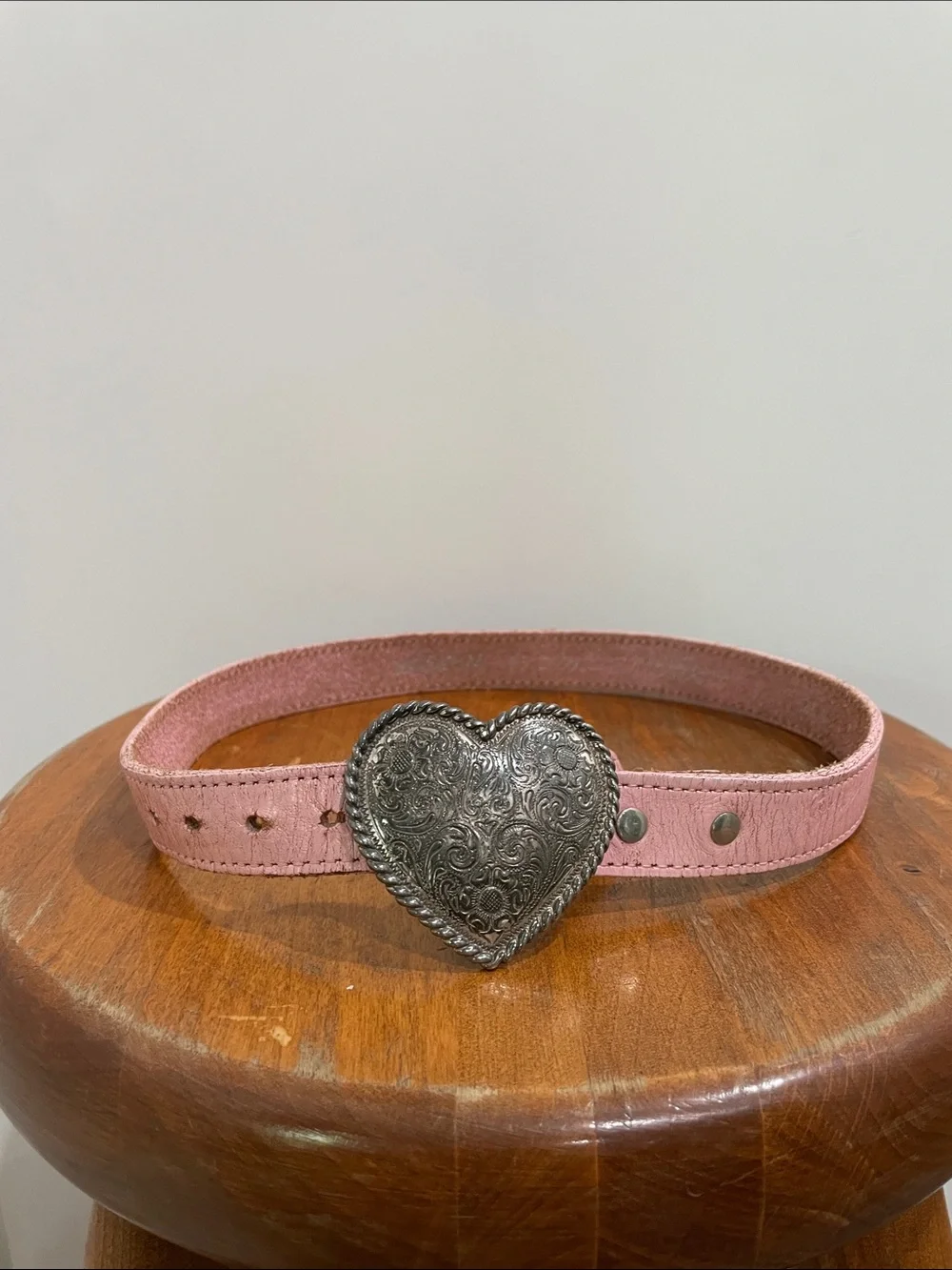 Vintage Wrangler Girls Pink Leather Western Belt Silver-Tone Heart Buckle